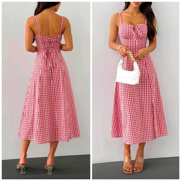 Boutique Dresses & Skirts - New Gingham Lace Up Back A Line Midi Dress Red White